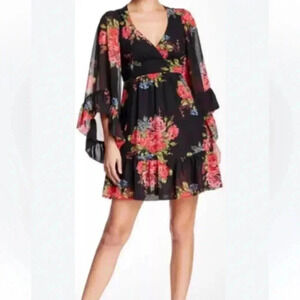 Betsy Johnson Bambi Black Floral Bell Sleeve Ruffle Dress Size 8